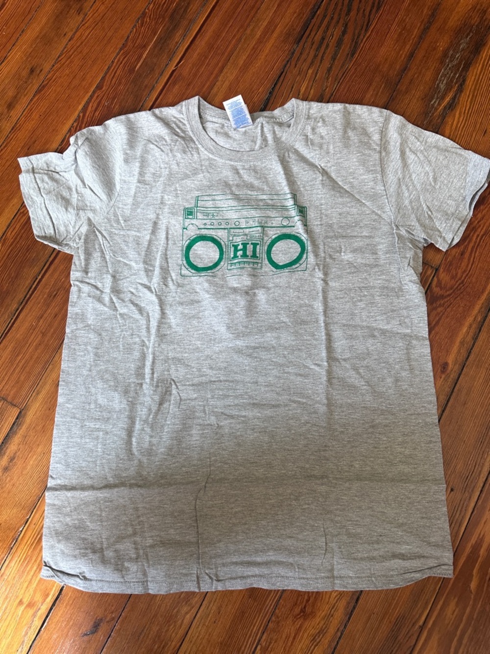 Gray Tee with Green Boombox Graphic